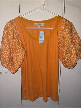 LOFT Orange Knit Top with Embroidered Puff Sleeves